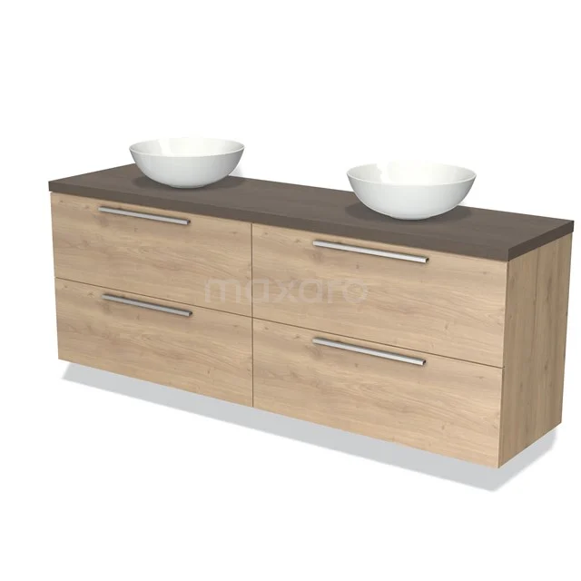 Badmöbel für Waschtischunterschrank mit Konsole 180cm Modulo Plato hellbraune Eiche 4 Schubladen Flach dunkelbraune Eiche Platte BMK18-01256 Holz-Badmöbel mit dunkelbrauner Platte, vier Schubladen und zwei weißen Aufsatzwaschbecken, modernes Design für stilvolle Bäder.