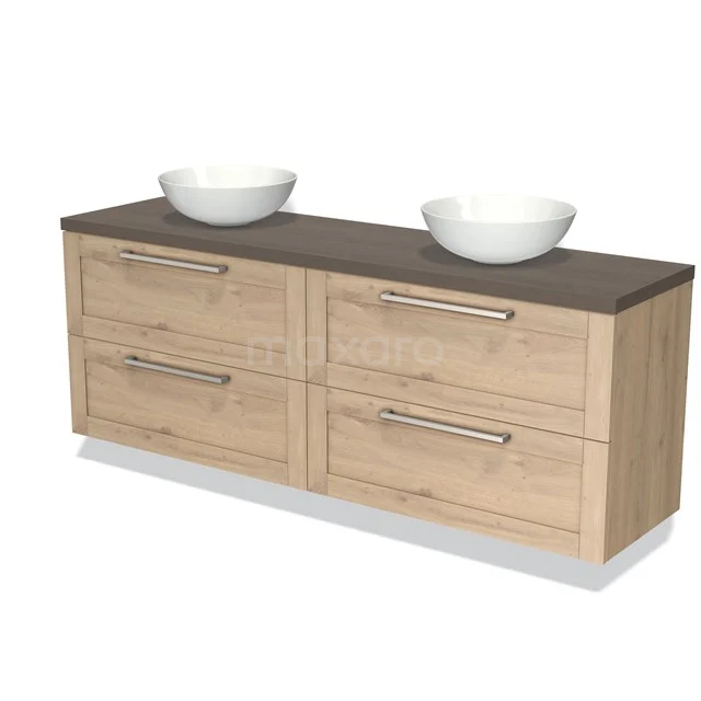 Houten badkamermeubel met dubbele wastafel, vier lades en donkere bovenplaat, modern design voor stijlvolle badkamers.