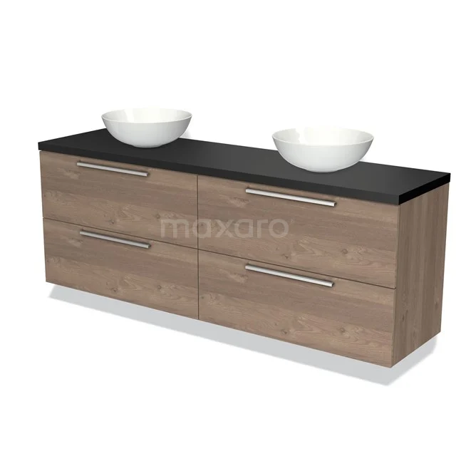 Houten badkamermeubel met dubbele waskom, zwart blad en vier lades; modern design voor stijl en opbergruimte in de badkamer.