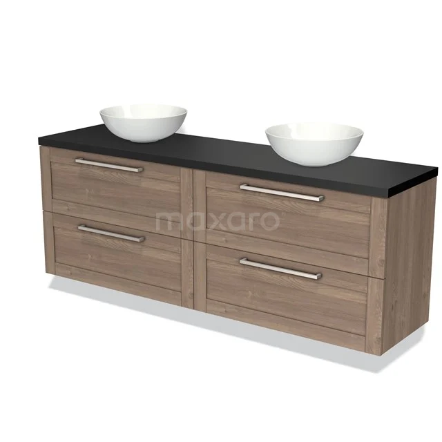 Badmöbel für Aufsatzwaschbecken 180cm Modulo Plato Mittelbraune Eiche 4 Schubladen Rahmen Matt Schwarz Platte BMK18-01259 Holz-Badmöbel mit Doppelwaschbecken, Schwarz Platte, modernes Design, ideal für stilvolle Badezimmergestaltung.