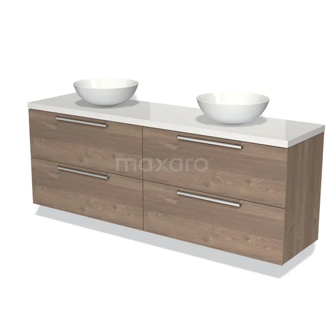 Houten badkamermeubel met twee witte keramische waskommen, modern design en soft-close lades voor stijlvolle badkameropslag.