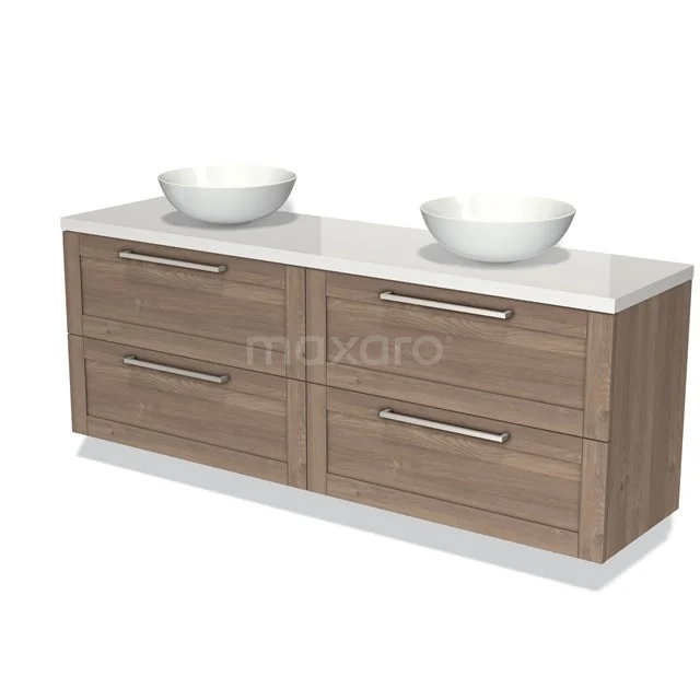 Houten badkamermeubel met 4 lades, wit keramisch blad en 2 ronde wastafels, modern design voor optimale opbergruimte.