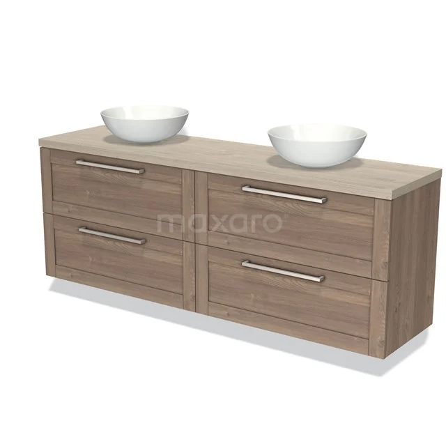 Dubbele wastafelmeubel houtlook met vier lades en keramische waskommen, perfect voor een moderne badkamer.