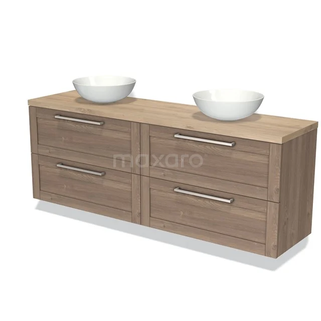 Modulo Plato Vanity units for countertop basin | 180 cm Mid brown oak Bordered front Light brown oak worktop 4 drawers BMK18-01265 Wooden bathroom unit with double white drawers, four drawers and Stainless steel handles, ideal for modern bathroom design.
