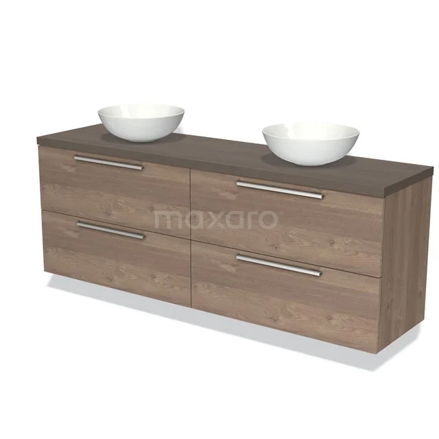 Houten badkamermeubel met dubbele waskommen, walnootkleur, moderne vormgeving en ruime opberglades.
