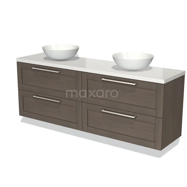 Moderne Badmöbelset mit Doppelwaschbecken, Holzoptik-Finish, vier Schubladen und Chromgriffen; perfekte Wahl für stilvolle Bäder.