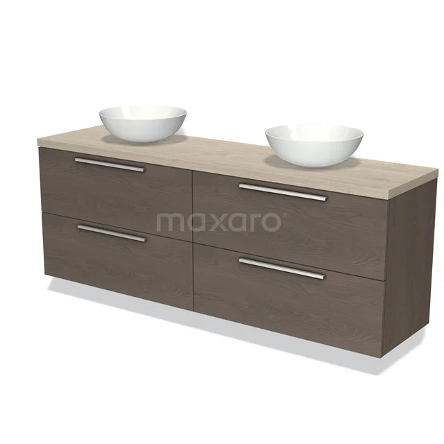 Donker houten badkamermeubel met dubbele wastafel, vier lades en modern design, perfect voor luxe badkamers.