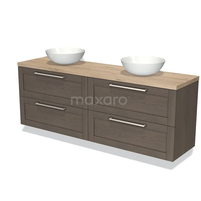 Wooden bathroom unit with double countertop wash basins, wall-mounted, modern Oak look and four drawers with metal handles.