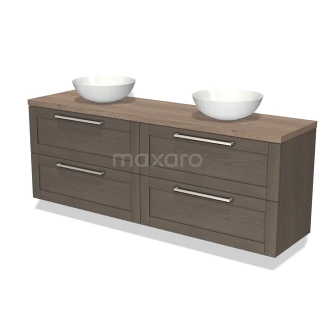 Houten badkamermeubel met twee witte waskommen, vier lades en metalen handgrepen, modern ontwerp in warme houtkleur.