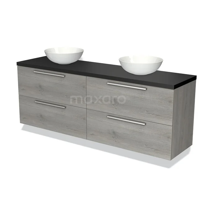 Grey wooden bathroom unit with two white ceramic vanity units with basin, black top and four spacious drawers for storage.