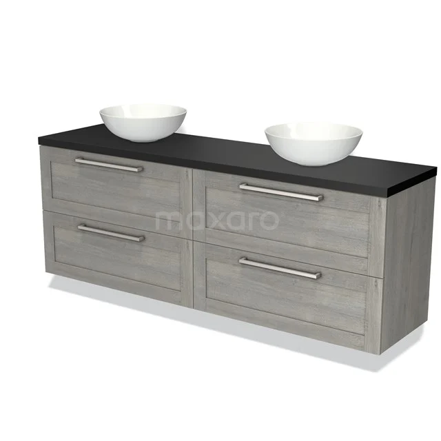 Wooden bathroom unit grey with black vanity units with basin and two white countertop wash basins, sleek design with metal handles.