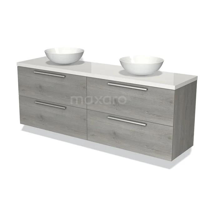 Houten badkamermeubel met dubbele wasbak, grijze houtstructuur, vier lades en modern design. Perfect voor badkameropslag.