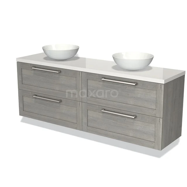 Grey wooden bathroom unit with double basins, sleek white bowl-shaped drawers and four spacious drawers.
