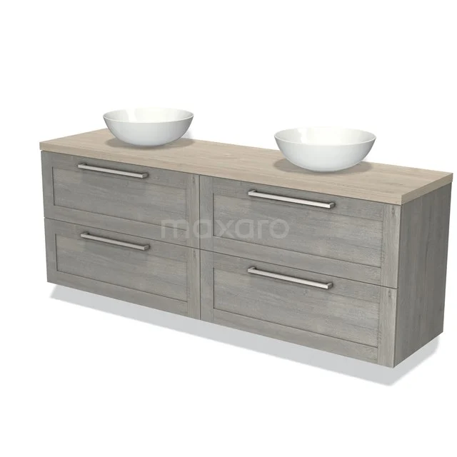 Wooden bathroom unit with vanity units with basin, light grey finish, four drawers and metal handles; modern bathroom style.