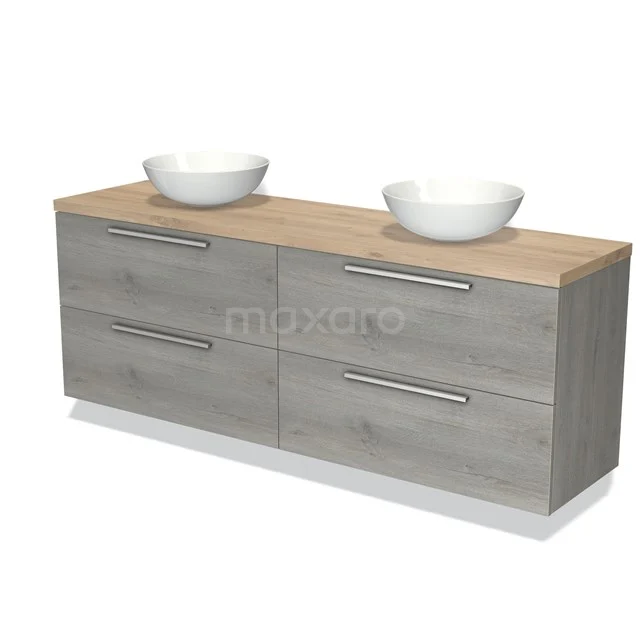 Holz Badezimmermöbel mit grauen Schubladen, zwei weißen Aufsatzwaschbecken, modernes Design, ideal für stilvolle Badezimmergestaltung.