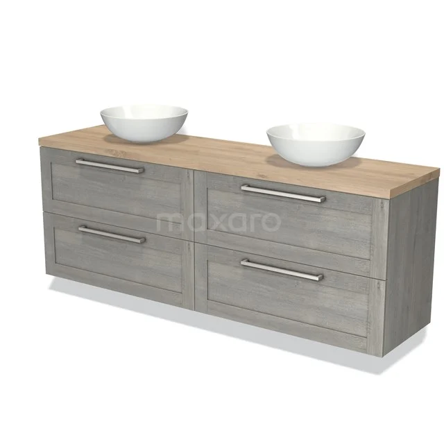 Graue Holz-Badezimmermöbel mit Doppelwaschbecken, 4 Schubladen und hellen Holzplatte, ideal für moderne Badezimmergestaltung.