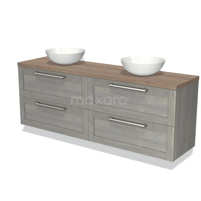 Bathroom unit with two countertop wash basins, grey wood look, four drawers and natural wood worktop, ideal for modern bathrooms.