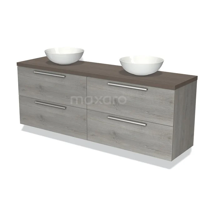 Holz-Badmöbel mit zwei weißen Aufsatzwaschbecken, grau-braunem Furnier und vier breiten Schubladen mit metallischen Haltegriffen.