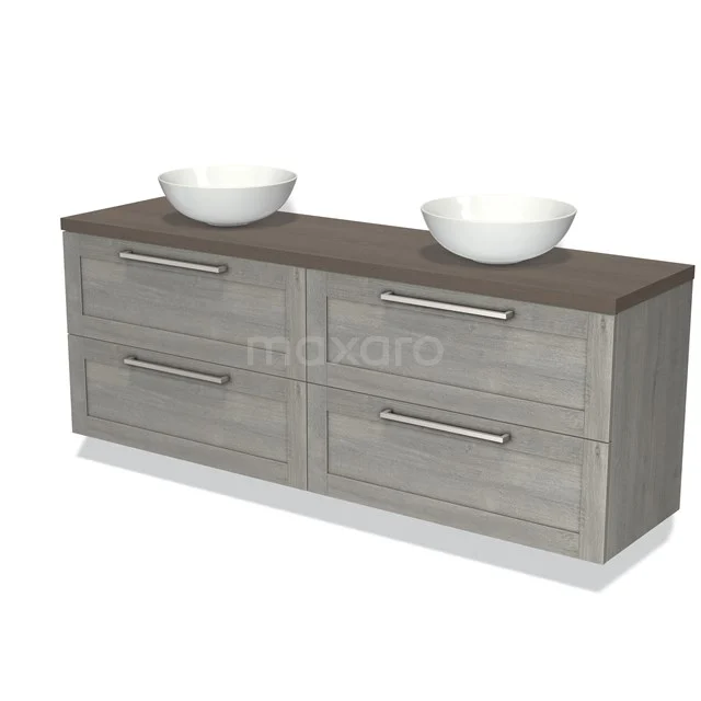 Grey wooden bathroom unit with double countertop wash basins and four drawers, ideal for a modern and practical bathroom.