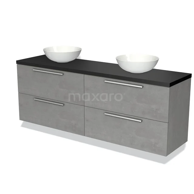 Graue Badmöbelset mit zwei runden Waschbecken, schwarzer Platte, schlichten Haltegriffen und vier Schubladen, modernes Design.