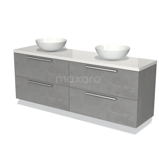 Grey bathroom furniture set with double basin, modern design, featuring four drawers and smooth chrome handles.