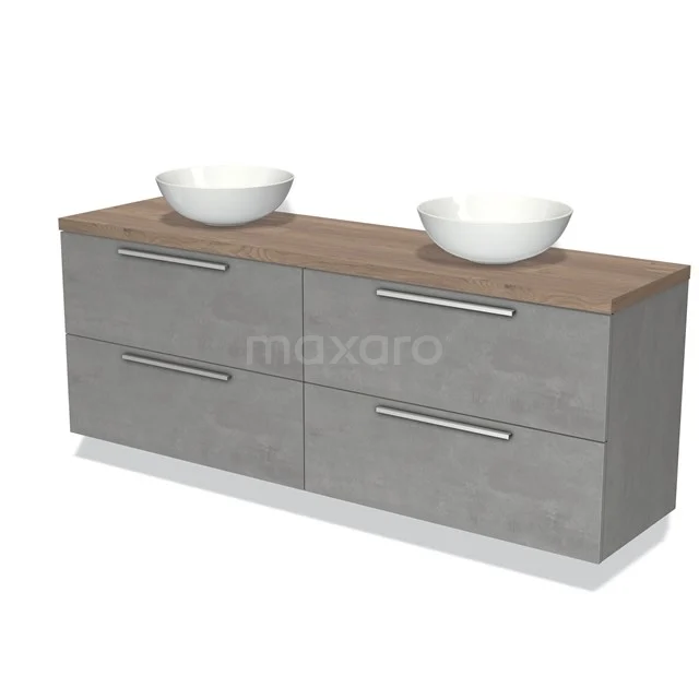 Grijze badkamermeubelset met houten blad, dubbele wastafels en moderne handgrepen; stijlvolle opbergoplossing.