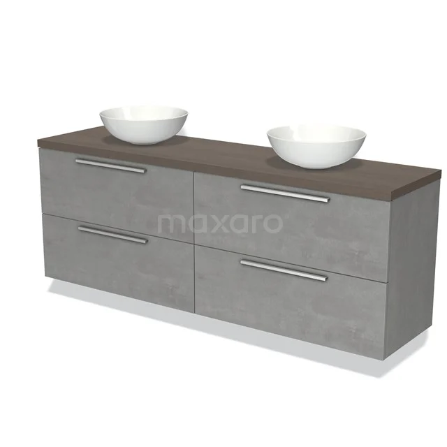 Grijze badkamermeubelset met houtlook blad, vier lades en witte opbouwkommen, ideaal voor moderne badkamers.