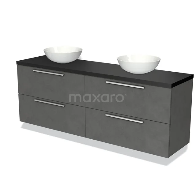 Graues Doppelwaschbeckenmöbel mit vier Schubladen, schwarzer Platte und weißen Aufsatzwaschbecken, ideal für einen modernen Badezimmerstil.