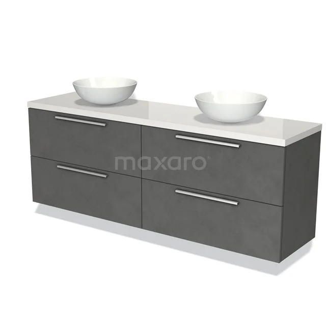 Antrazitgraue schwebende Badmöbelset mit doppelten Aufsatzwaschbecken, lackierter Oberfläche und schlichten Edelstahl-Haltegriffen.