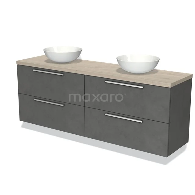 Grijs dubbel badkamermeubel met houten blad, vier lades en twee witte opzetwaskommen voor moderne badkamerruimtes.