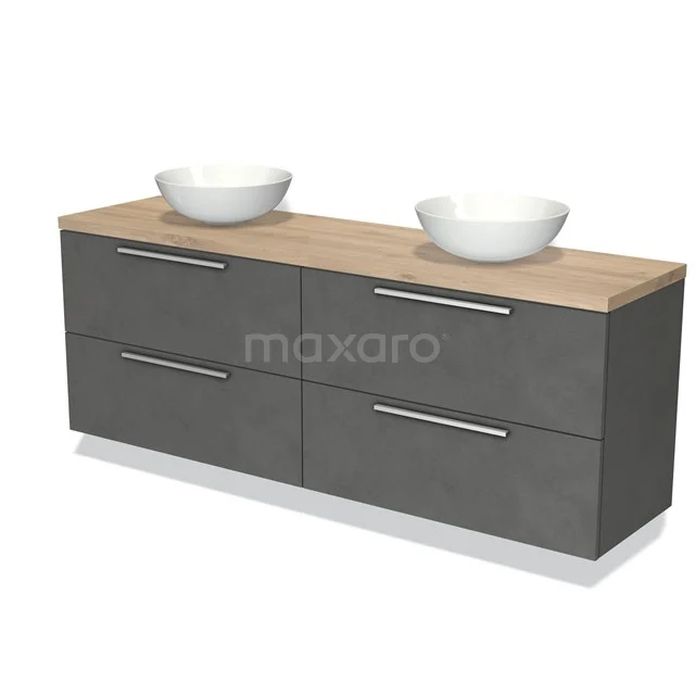 Modulo Plato Vanity units for countertop basin | 200 cm Dark grey concrete Flat front Light brown oak worktop 4 drawers BMK18-01999