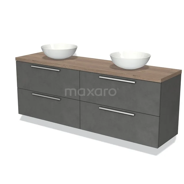 Donkergrijs badkamermeubel met houtlook blad, dubbele waskommen en vier metalen lades, modern design.