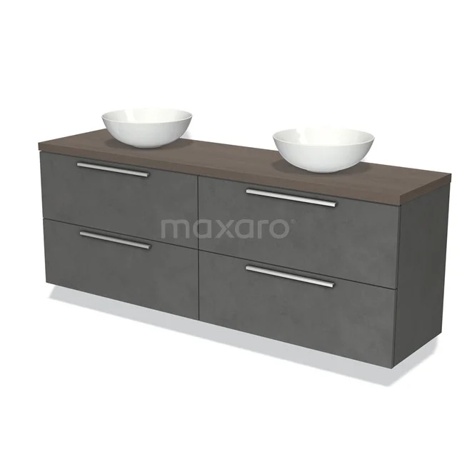 Donkergrijze badkamermeubelset met twee waskommen, houtlook bovenblad en vier lades, modern design.
