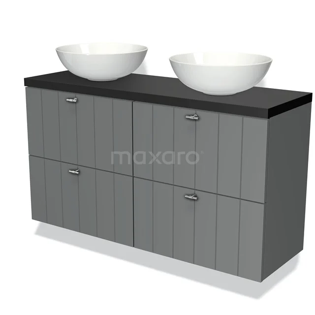 Grey bathroom furniture set with double countertop basins, wood-look finish and black worktop, ideal for modern bathrooms.