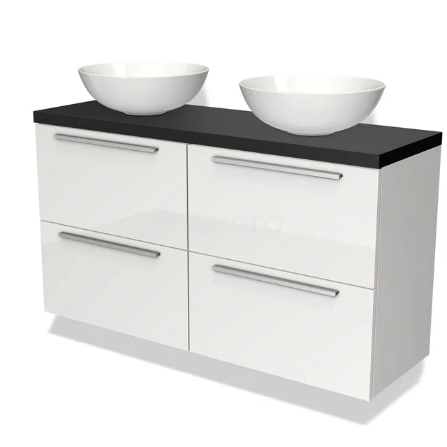 Weißes Badmöbel mit vier Schubladen, einer schwarzen Platte und zwei runden Waschbecken, ideal für moderne Badezimmergestaltung.