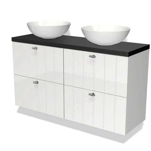 Wit hoogglans badkamermeubel met zwart blad en twee keramische waskommen, modern design met ruime opberglades.