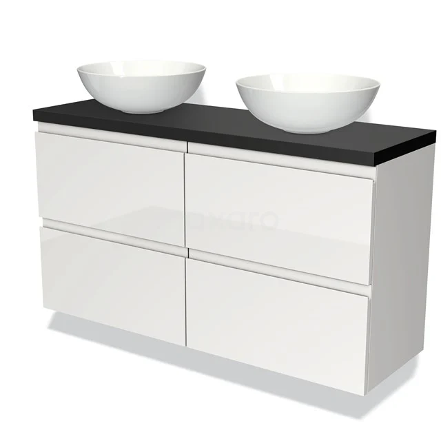 Modulo Plato Slim Badmöbel mit Aufsatzwaschbecken | 120 cm Hochglanz Weiß Grifflos front Matt Schwarz blatt 4 Schubladen BMK38-00038 Weißes Badezimmermöbel mit Doppelwaschbecken und schwarzer Platte, straff modernes Design mit Softclose-Schubladen.