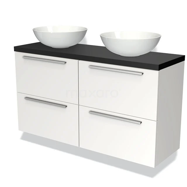 Witte badkamerkast met 4 lades, zwart werkblad en twee ronde waskommen, ideaal voor moderne badkamerinterieur.