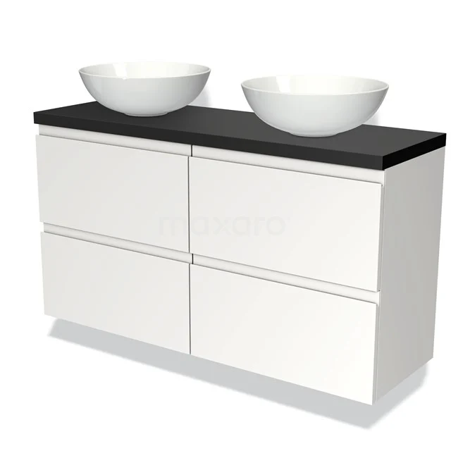 Modulo Plato Slim Badmöbel mit Aufsatzwaschbecken | 120 cm Matt Weiß Grifflos front Matt Schwarz blatt 4 Schubladen BMK38-00041 Weiße Badmöbel mit vier Schubladen, schwarzer Platte und doppelten komförmigen Waschbecken, modernes Design.