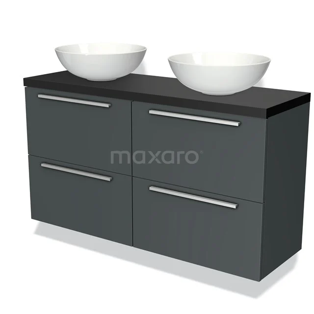 Modulo Plato Slim Vanity units for countertop basin | 120 cm Dark grey Flat front Matte black worktop 4 drawers BMK38-00042 Grey double bathroom furniture set with black top and two white countertop wash basins, modern design for stylish bathrooms.