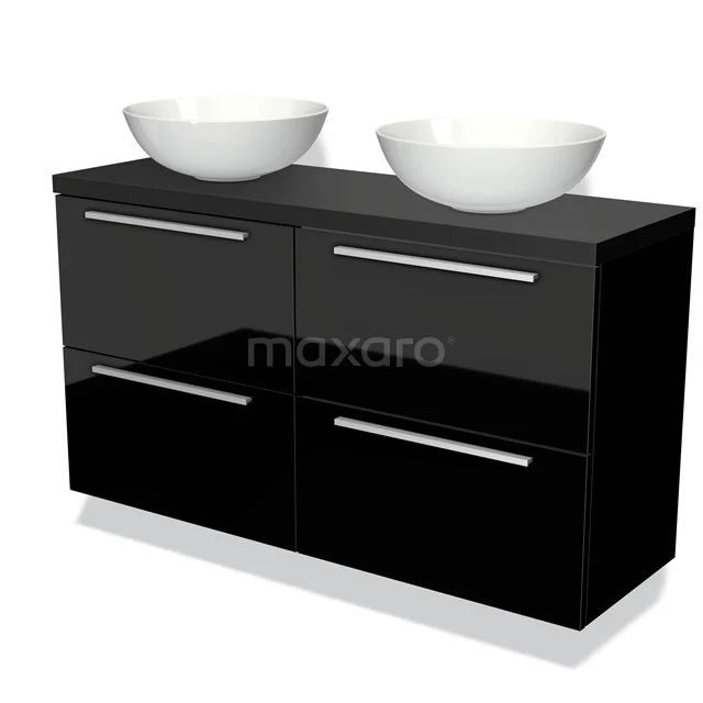 Zwart glanzend badkamermeubel met dubbele wastafel, vier lades en moderne chromen handgrepen, perfect voor een luxe badkamer.