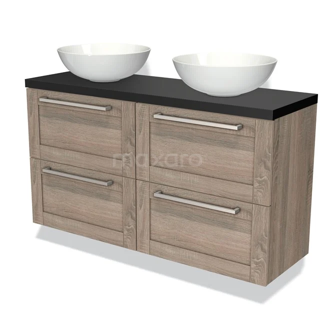 Wooden bathroom unit with dark top, double basin and four drawers with silver handles for stylish bathroom.
