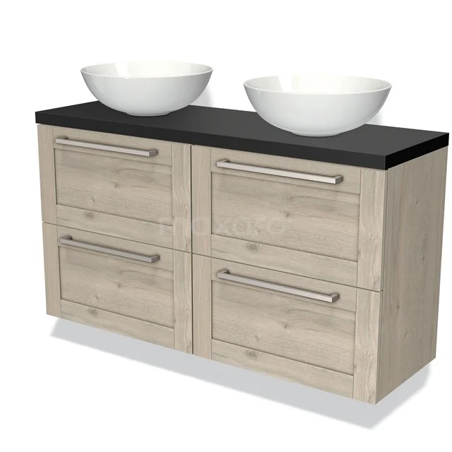 Houten badkamermeubel met zwart blad, dubbele witte waskommen en vier lades. Perfect voor moderne badkamerinrichting.