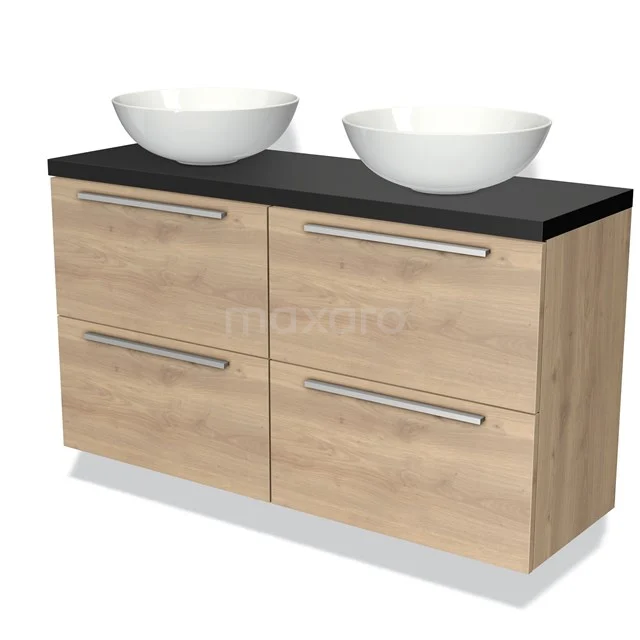 Houten badkamermeubel met dubbele wastafel, lichte houtkleur, zwarte bovenblad en moderne metalen grepen voor een stijlvolle badkamer.