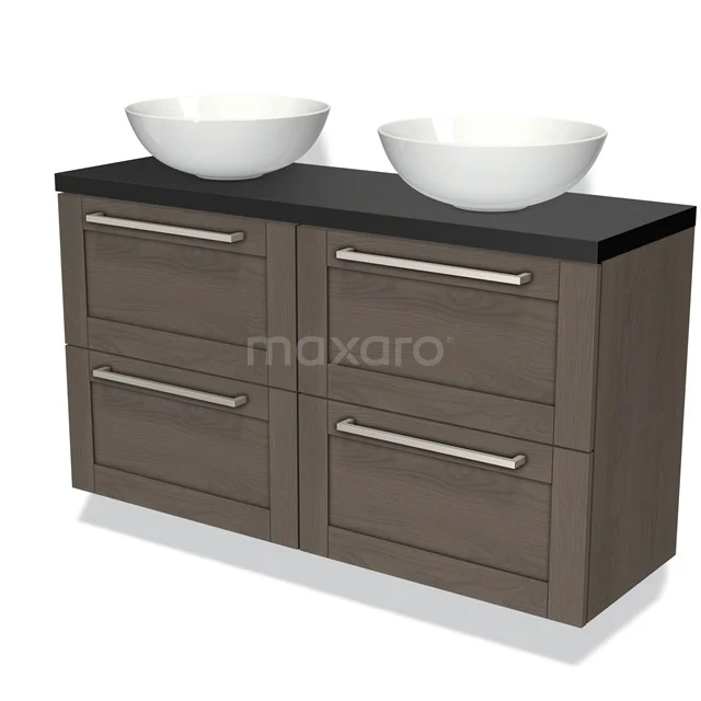 Badmöbel für Waschtischunterschrank mit Konsole 120cm Modulo Plato Slim dunkelbraune Eiche 4 Schubladenrahmen Matt Schwarz Platte BMK38-00057 Hölzernes Badezimmermöbel mit zwei weißen Aufsatzwaschbecken, dunkler Platte und vier Schubladen, ideal für moderne Badezimmergestaltung.