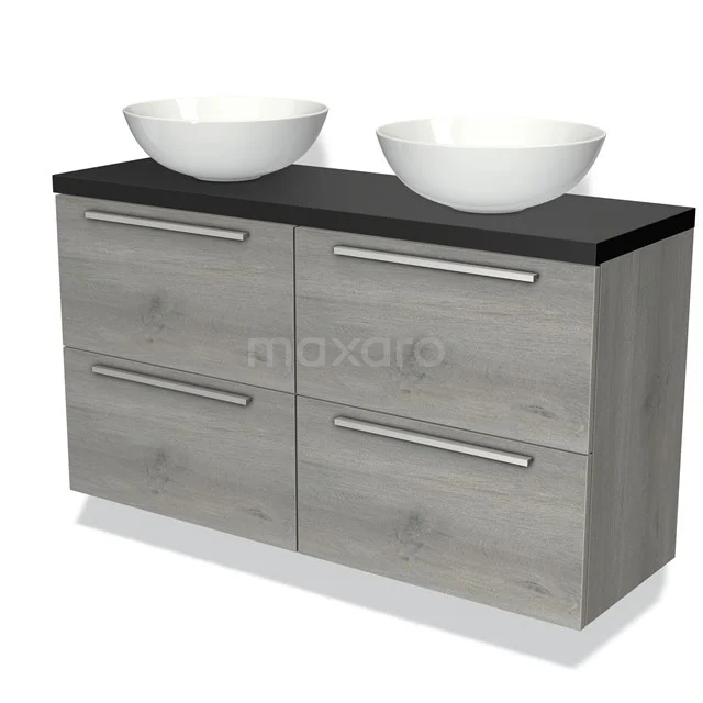 Moderne badkamermeubelset houtlook met dubbele zwarte wastafelblad en twee ronde witte waskommen, ideaal voor elke badkamer.