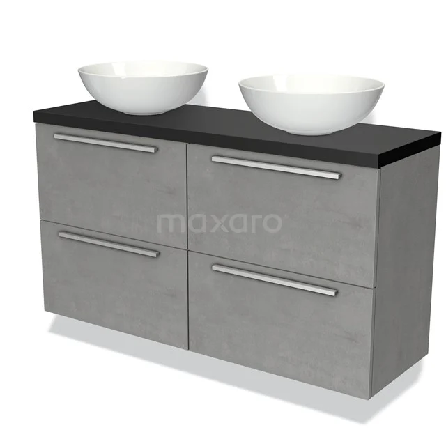 Modulo Plato Slim Vanity units for countertop basin | 120 cm Light grey concrete Flat front Matte black worktop 4 drawers BMK38-00060 Grey bathroom furniture set with double basin, black top and modern drawer handles, ideal for stylish bathrooms.
