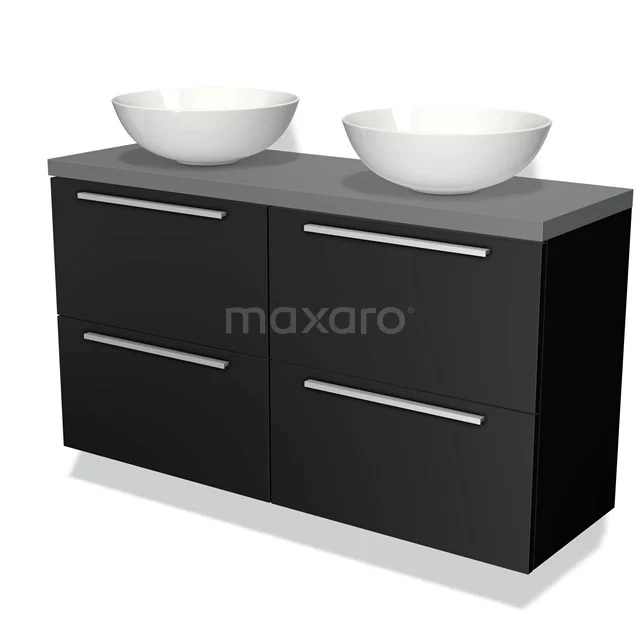Black bathroom unit with two oval white countertop wash basins, modern design look, grey worktop and sleek silver handles.