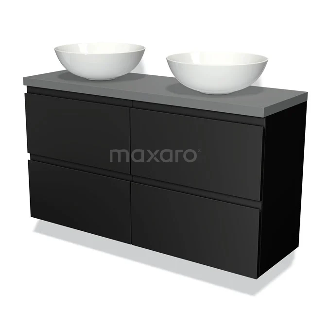 Zwarte badkamermeubel met dubbele wastafel, ronde witte kommen en matgrijze bovenkant, modern design. 