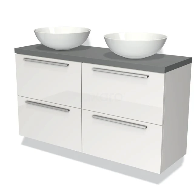 Wit badkamermeubel met dubbele wastafel, grijs blad en vier lades, modern design, ideaal voor eigentijdse badkamers.